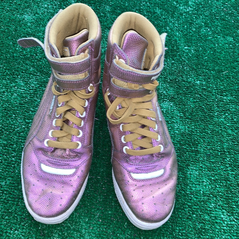 Puma Contact Silver White Leather High Top Sneakers Size 6.5 Womens Snake Skin